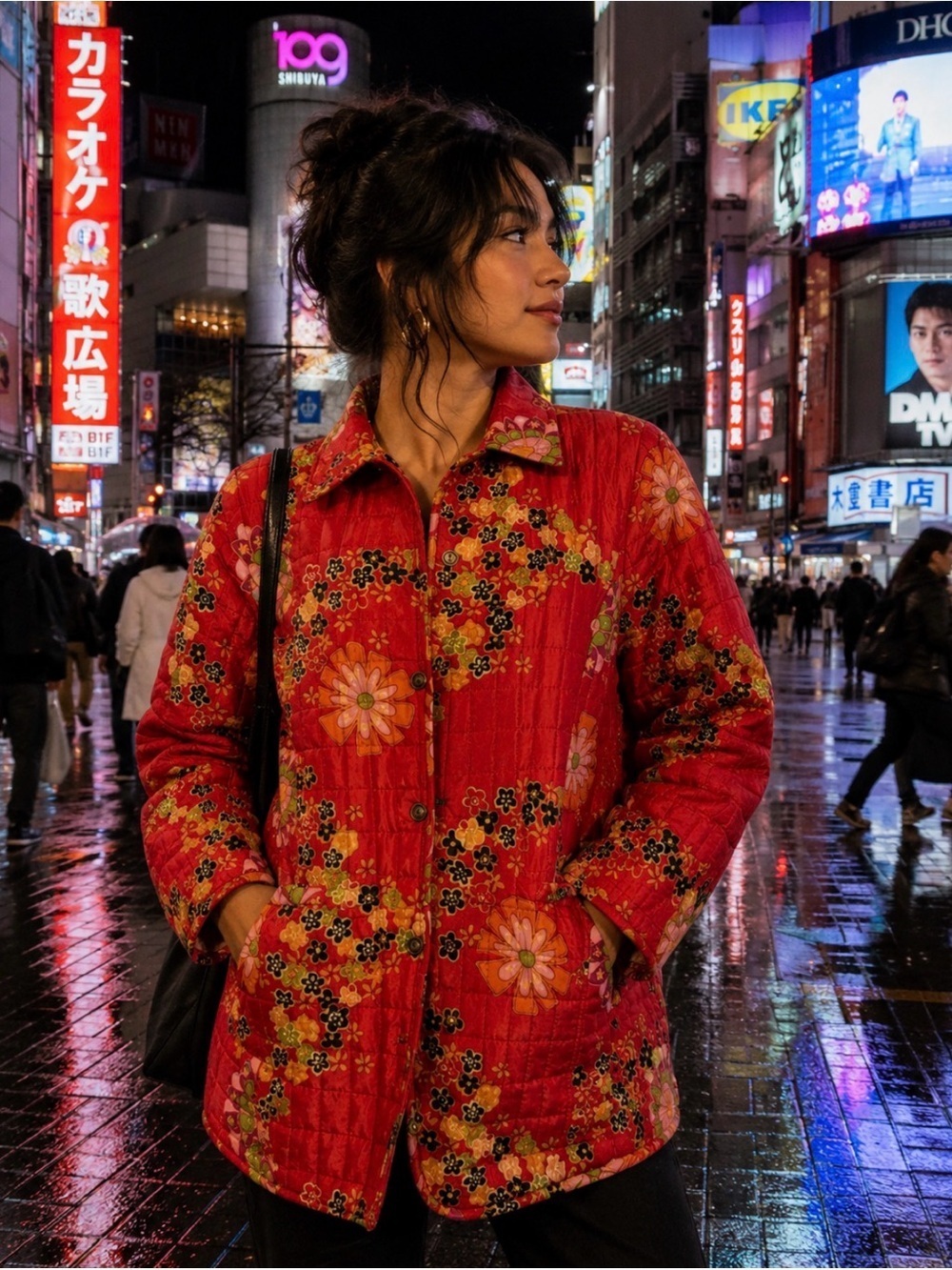 100% Silk Shell Red Quilted Floral Button-Down Jacket - Picture 7 of 7
